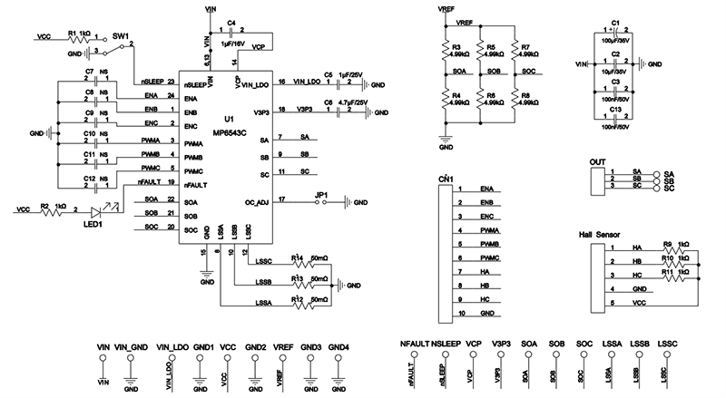 Schematic - Monolithic Power Systems (MPS) EV6543C-L-00A BLDC Motor Driver Evaluation Board